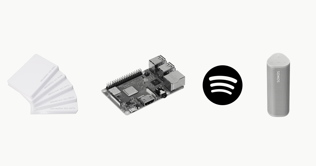 Components of the project: RFID cards, Raspberry Pi, Spotify and Sonos